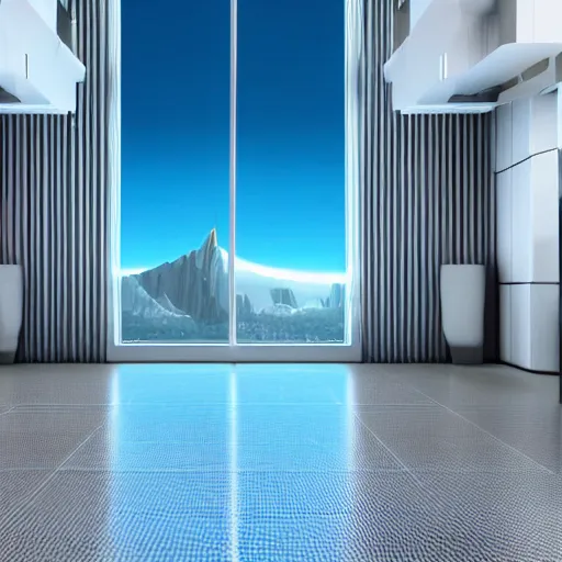 Prompt: Minimalist 3D Rendering of a Futuristic hall with tall windows overlooking a scifi city and mountains with a big planet in the sky, photorealistic, white and blue, interior design, raytraced, spacestation