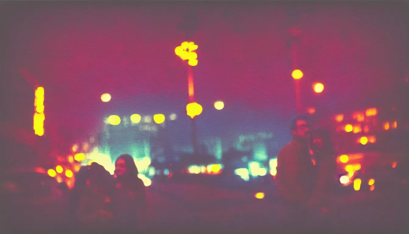 Prompt: colorful instant photograph of a beautiful couple in a city at night, polaroid, light leak, raw, nostalgic