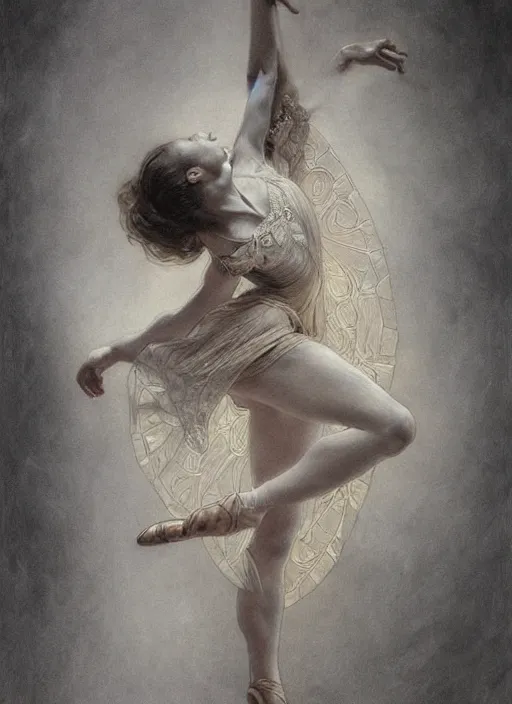 Image similar to a beautifull intricate pencil painting of a dancing ballerina, reflexions, verry high details by william turner art, greg rutkowski and alphonse mucha, trending on artstation, very very detailed, masterpiece, muted colors