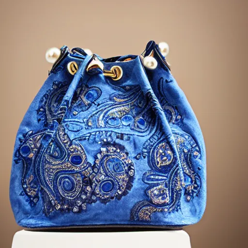 Image similar to a bucket bag made of blue suede. the bag is decorated with intricate golden paisley patterns. the handle of the bag is made of rubies and pearls.