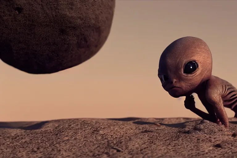 Prompt: vfx movie scene closeup adorable curios tiny little baby alien creature in moon desert eating a rock. by emmanuel lubezki