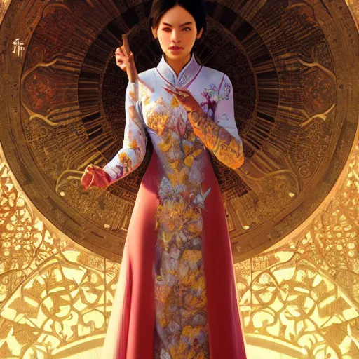 Prompt: woman wearing ao dai, ultra realistic, concept art, intricate details, highly detailed, photorealistic, octane render, 8 k, unreal engine. art by artgerm and greg rutkowski and alphonse mucha