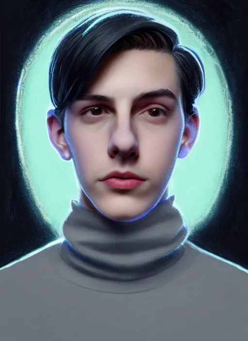 Image similar to portrait of teenage jughead jones wearing a light grey crown, crown, blue turtleneck, 1 9 5 0 s, closed eyes, photorealistic, black hair, glowing lighting, intricate, elegant, glowing lights, highly detailed, digital painting, artstation, concept art, smooth, sharp focus, illustration, art by wlop, mars ravelo and greg rutkowski