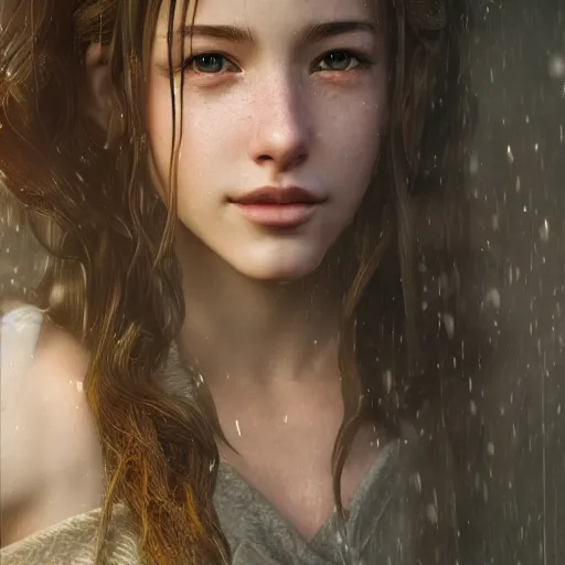 Image similar to Beautiful Aerith Gainsborough in real life, face centred portrait, Confident, fog, rain, volumetric lighting, beautiful, golden hour, sharp focus, ultra detailed, cgsociety, by Leesha Hannigan, Ross Tran, Thierry Doizon, Kai Carpenter,Ignacio Fernández Ríos