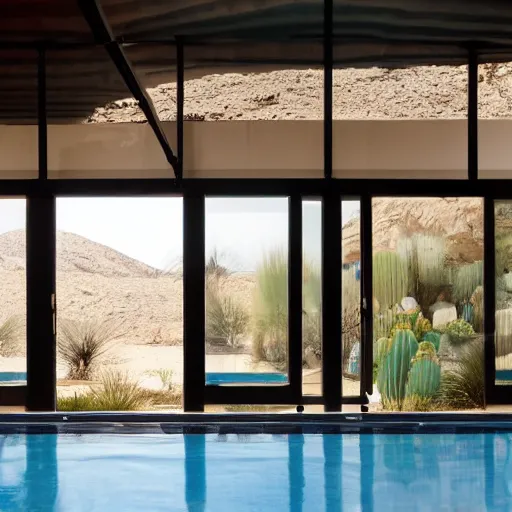 Image similar to modern desert pavilion interior looking out of large pivoting doors into expansive pool and vista with cacti