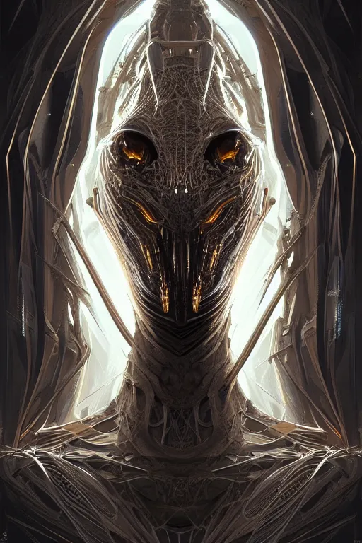 Image similar to professional concept art symmetrical portrait of a horrendous mechanical predatory fractal! species in a dark room by artgerm and greg rutkowski. an intricate, elegant, highly detailed digital painting, concept art, smooth, sharp focus, illustration, in the style of cam sykes.