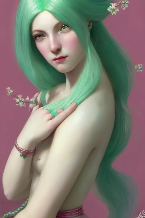 Image similar to A pale skinned woman with long mint green hair and nails, both decorated with pink flowers, illustration, soft lighting, soft details, dark mood, painting oil on canvas by Edmund Blair Leighton and Charlie Bowater octane render trending on artstation d&d characters, 4k, 8k, HD