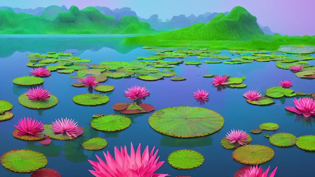 Prompt: digital illustration of a lake full of multi - colored megaflora water lily flowers by dr. seuss, reimagined by ilm and beeple : 1 | spectral color, electric color, rolling hills : 0. 9 | fantasy : 0. 9 | unreal engine, deviantart, artstation, hd, 8 k resolution : 0. 8