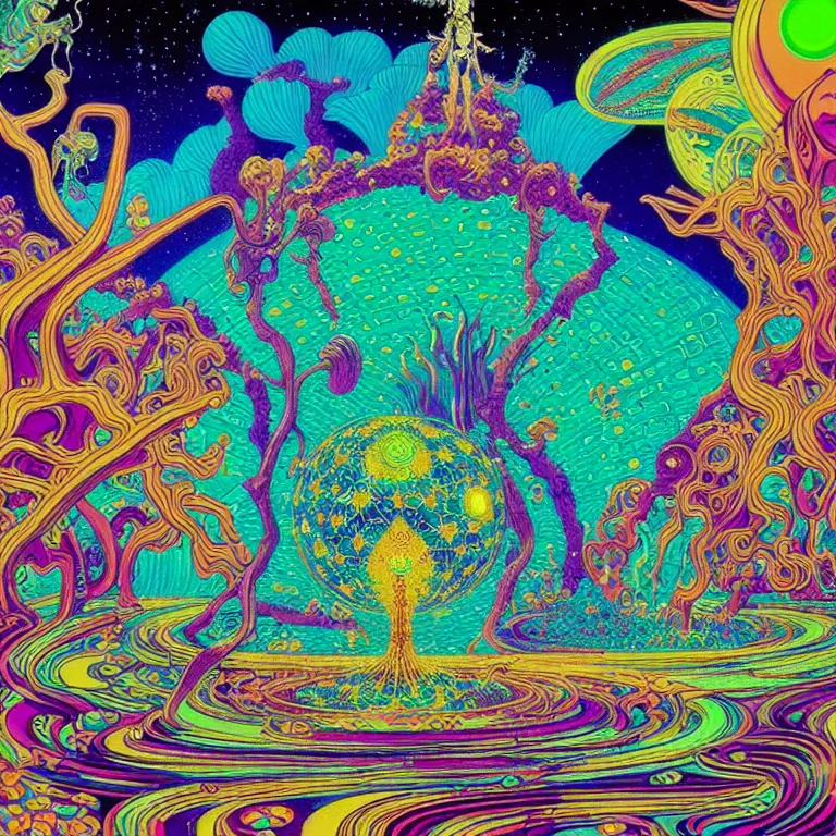 Image similar to cosmic third eye, magical crystal temple, psychedelic waves radiating, infinity, bright neon colors, highly detailed, cinematic, hiroo isono, eyvind earle, philippe druillet, roger dean, lisa frank, aubrey beardsley, ernst haeckel