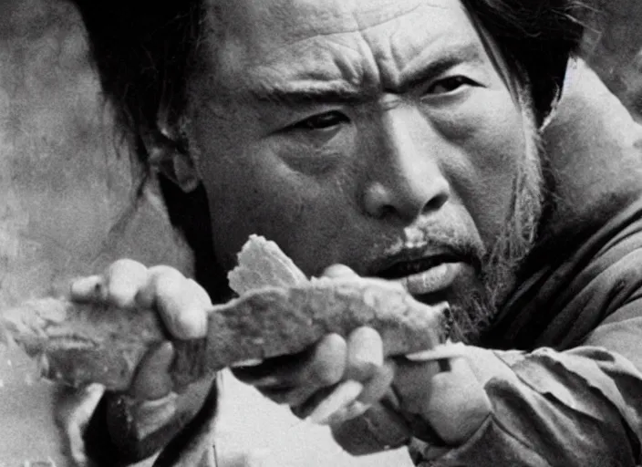 Image similar to a movie still of a samurai slicing through a loaf of bread, a movie by Akira Kurosawa