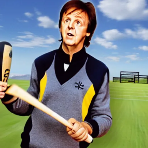 Prompt: a game screenshot of paul mccartney holding a cricket bat, ready to hit a small penguin through a tennis court