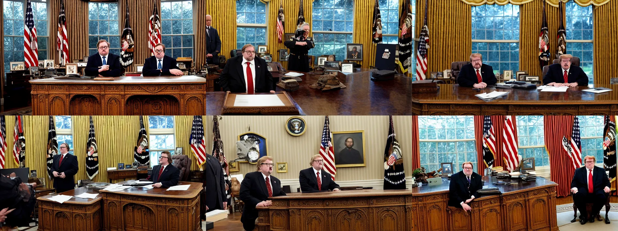 Prompt: President Gabe Newell, president of the United States, gives an emergency presidential address from the oval office, sitting behind the resolute desk, serious, somber, determined