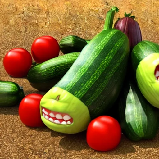 Image similar to detailed 3 d render of an angry furious zucchini with a bloody sword in his hand, running down the road chasing after a group of scared tomatoes, hyper realistic octane render, dramatic lighting, high speed chase, nightmare, surrealism, pixar, disney, cartoon