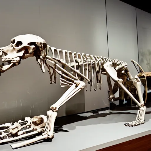 Prompt: the skeleton of a giant dachshund in a museum