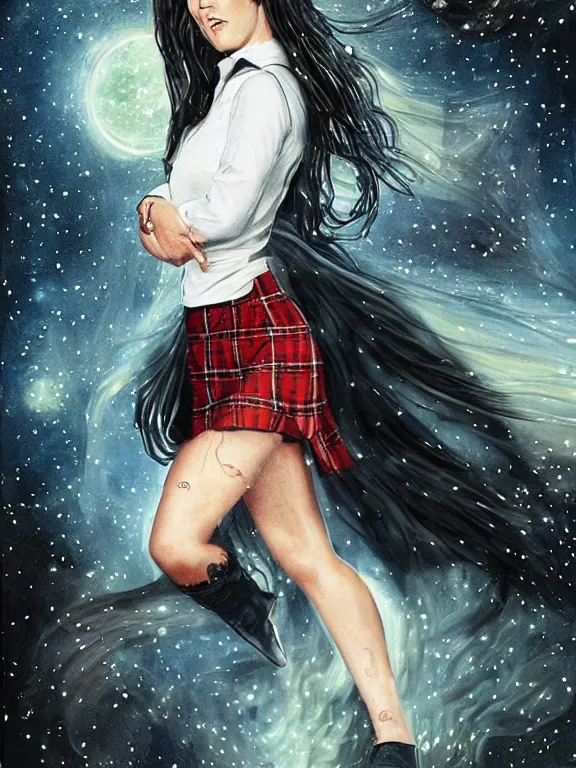 Image similar to full body ultra realistic air spray Jennifer Connelly is a teenage witch in Howards in a girls school uniform with a short tartan skirt, magic overlays glow around her , magic david's star pendant on her cleavage, mysterious tattoo in her shoulder, mystique, D&D, fantasy illustration, highly detailed, digital art, intricate, high detailed, painted by artgerm, guweiz, artstation, digital painting, character design, trending on artstation, smooth, sharp focus