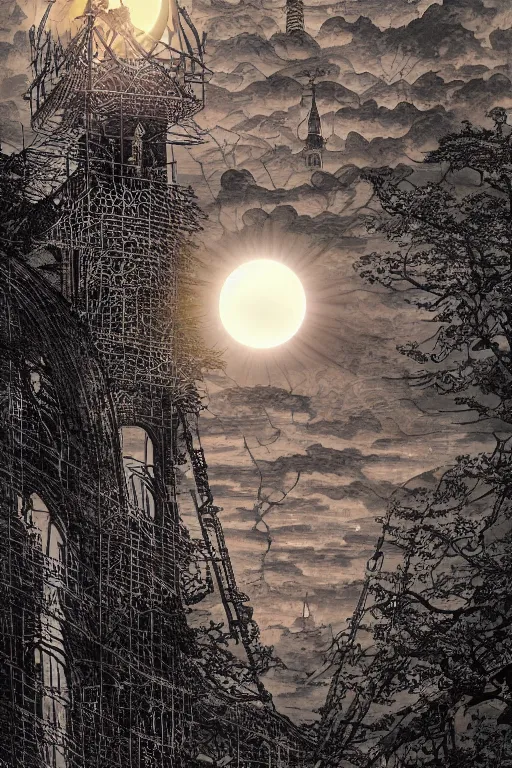 Prompt: A dramatic solar eclipse over a medieval construction site for the tallest tower in the world. masterpiece 4k digital design by Takato Yamamoto, award winning, Artstation, Takato Yamamoto aesthetic, Neo-Gothic, gothic, forest on background, intricate details, realistic, hyperdetailed, 8k resolution