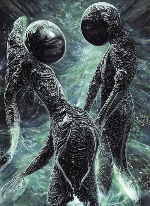 Image similar to astronauts in the dark infinite underwater void - complex and hyperdetailed technical suit, fabric material. reflection and dispersion materials. rays and dispersion of light. volumetric light. wide angle, f / 3 2. noise film photo. flash photography. ultra realistic, wide angle. poster by wayne barlowe, hajime sorayama aaron horkey, craig mullins