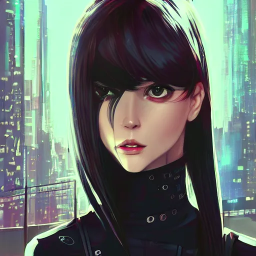 Image similar to A comic potrait of a cyberpunk cyborg girl with big and cute eyes, fine-face, realistic shaded perfect face, fine details. Night setting. Very anime style. Realistic shaded lighting poster by Ilya Kuvshinov katsuhiro, magali villeneuve, artgerm, Jeremy Lipkin and Michael Garmash, Rob Rey and Kentarõ Miura style, trending on art station