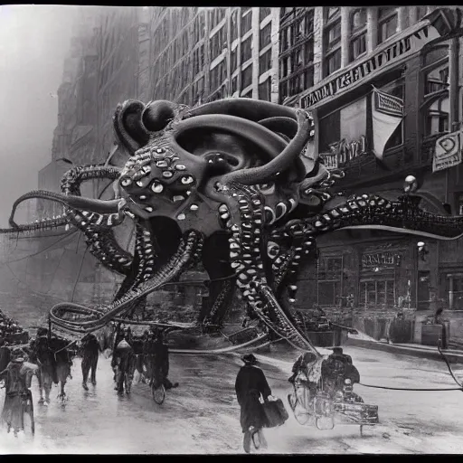 Prompt: old black and white photo, 1 9 1 3, depicting a giant alien dieselpunk octopus rampaging through the bustling streets of new york city, historical record, volumetric lights