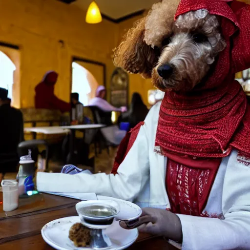 Image similar to a poodle wearing traditional Bedouin garb studying physiology in a cafe in Amman, Jordan