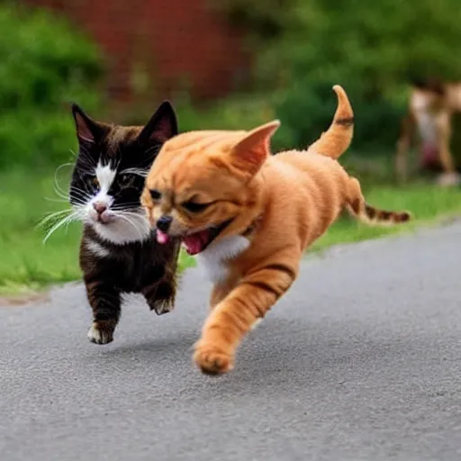 Image similar to a giant cat chasing after a little dog, little dog running away fast from the scary cat