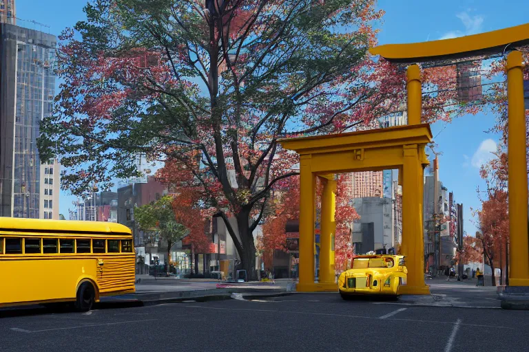 Image similar to Yellow school bus, a red japanese Torii gate, New York location in USA, atomic bomb dropping from the sky, ray tracing, high detail, 4K