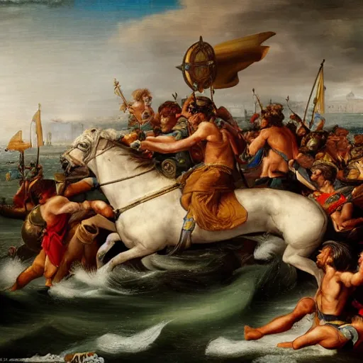 Prompt: Roman legion doing battle with the ocean, classicism, romanticism, Renaissance, artwork, hyper detailed, 4k l, masterpiece, Divine work