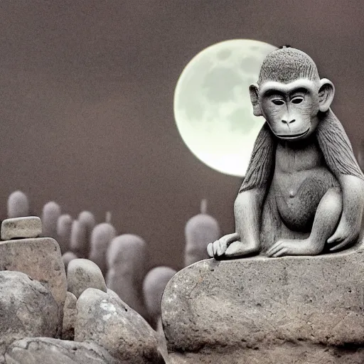 Prompt: photo of a meditating monkey on a chinese stone forest at night with the giant moon begind,