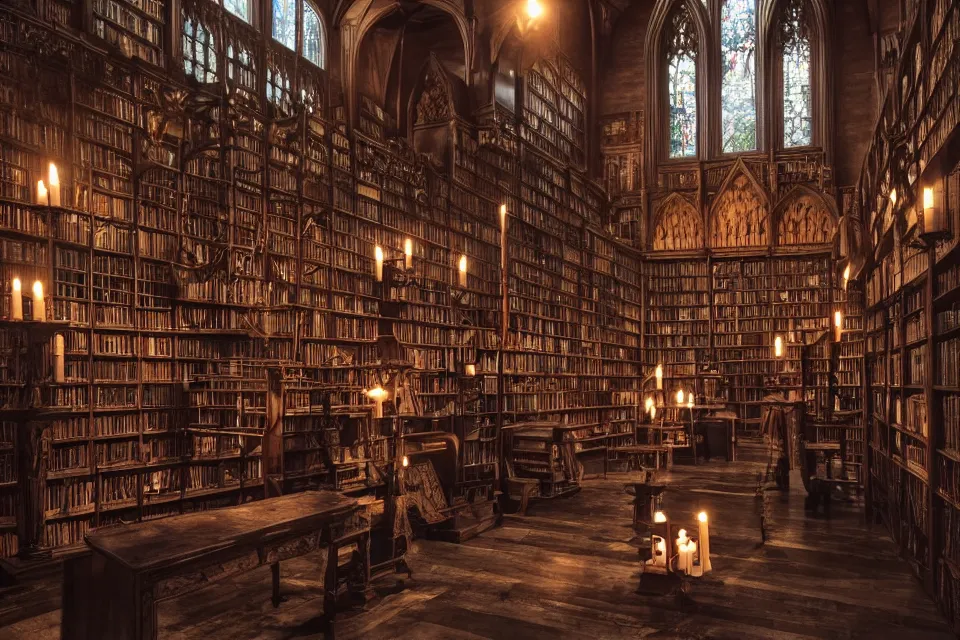 Prompt: the eldritch library of ancient lore, interior shot, long hall, high bookshelves, dark wood, candles, gothic architecture, twilight streaming through high windows, skylights