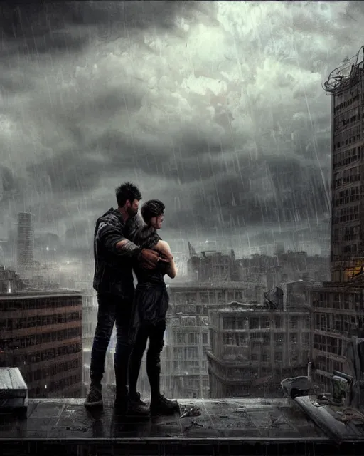 Image similar to epic portrait cinematic shot two survivors standing on a rooftop, apocalyptic city backround, cloudy, stormy, rainy, wet, fine details. night setting. realistic shaded lighting poster by craig mullism, artgerm, jeremy lipkin and michael garmash, unreal engine, radiant light, detailed and intricate environment, digital art, trending on art station,