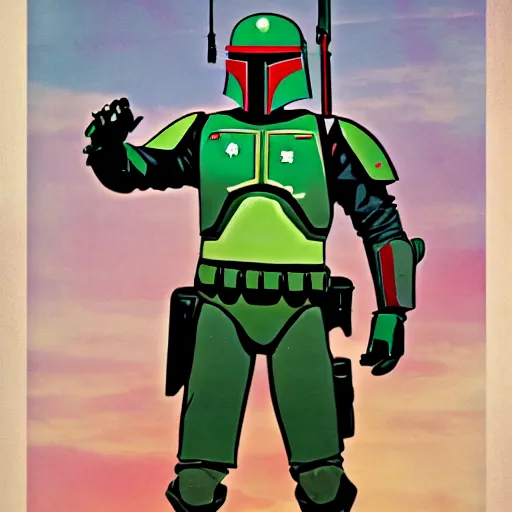 Prompt: Boba Fett in the style of a 1950s propaganda poster