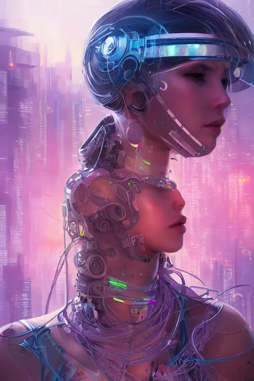 Image similar to portrait futuristic Cyber warrior Girl, in future cyberpunk tokyo rooftop , ssci-fi, fantasy, intricate, very very beautiful, elegant, neon light, highly detailed, digital painting, artstation, concept art, smooth, sharp focus, illustration, art by tian zi and WLOP and alphonse mucha