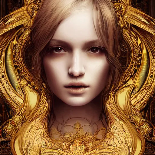 Prompt: human portrait, ethereal, face, crystal, intrincate, cgsociety, devianart, ornate, maximalist, fine art, golden details, carved, tarot card enviroment
