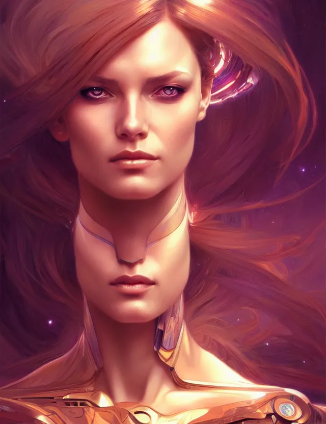 Image similar to futuristic woman portrait, sci-fi, amber eyes, face, long hair, fantasy, intricate, elegant, highly detailed, digital painting, artstation, concept art, smooth, sharp focus, illustration, art by artgerm and greg rutkowski and alphonse mucha