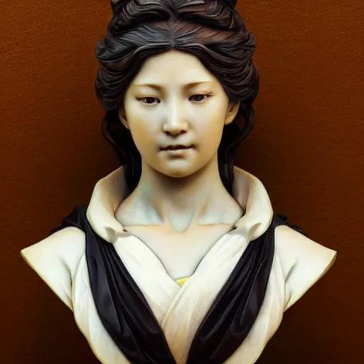 Image similar to beautiful lifelike award winning marble statue bust of iwakura lain trending on art station artgerm greg rutkowski alphonse mucha museum quality cinematic atmospheric