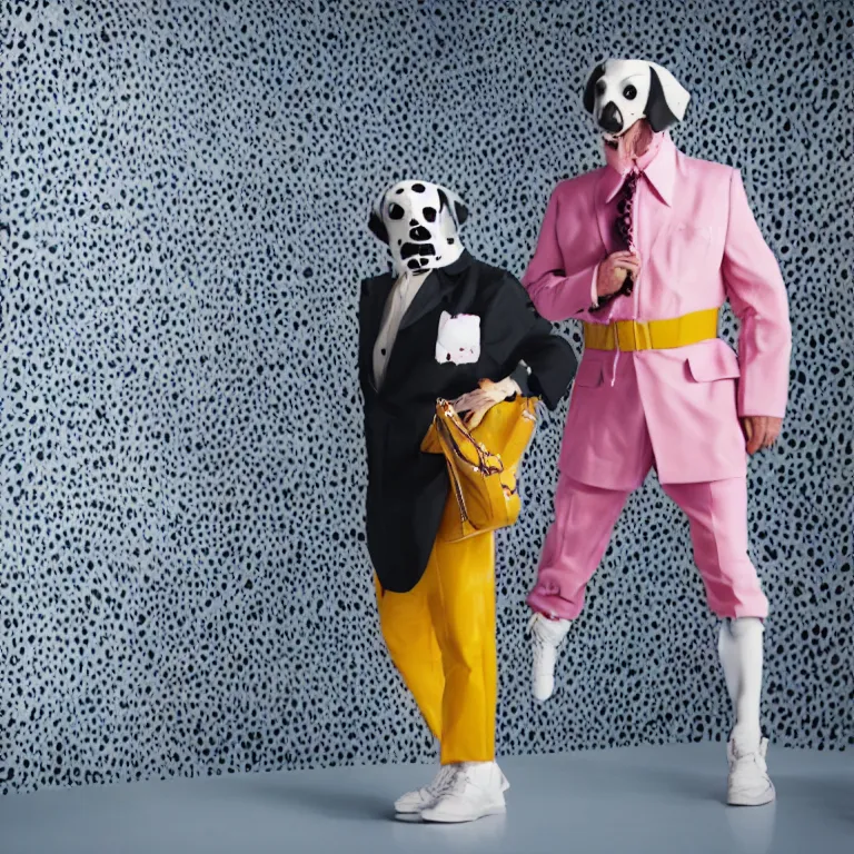 Image similar to vogue photoshoot octane render portrait of 1 0 1 dalmatian with white background, focus on an eccentric man in a bright colorful pastel wes anderson uniform and a latex mask inside a high - end exotic vintage boutique hotel lounge, very short depth of field, bokeh