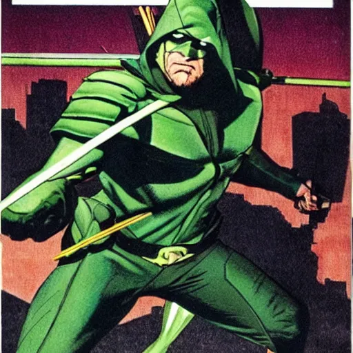 Image similar to The Green Arrow action pose, drawing an arrow from his quiver, comic book cover style