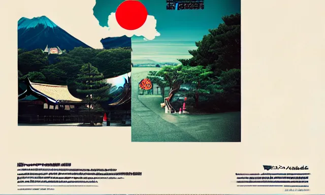 Image similar to Japan travel discoveries and sights explorations, a poster design for a contemporary graphic design exhibition, by Makoto Aida, Alex Yanes, Yoshio Awazu, octane render