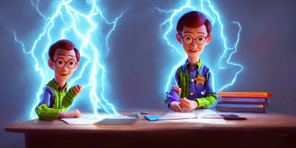 Image similar to a young boy mage that looks like andy from toy story and is at his desk working on a new spell that is casting out flowing energy, colorful, flowing energy, light rays, consistent face, medium shot, waist up, pixar and disney animation, sharp, concept art, highly detailed, trending on artstation, bloom, dramatic lighting, cinematic