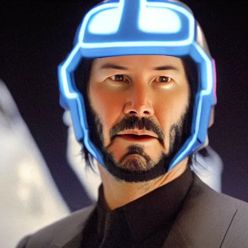 Image similar to keanu reeves at the age of 3 4 wearing a tron legacy suit, in the surface of the moon behind you can see the milky way