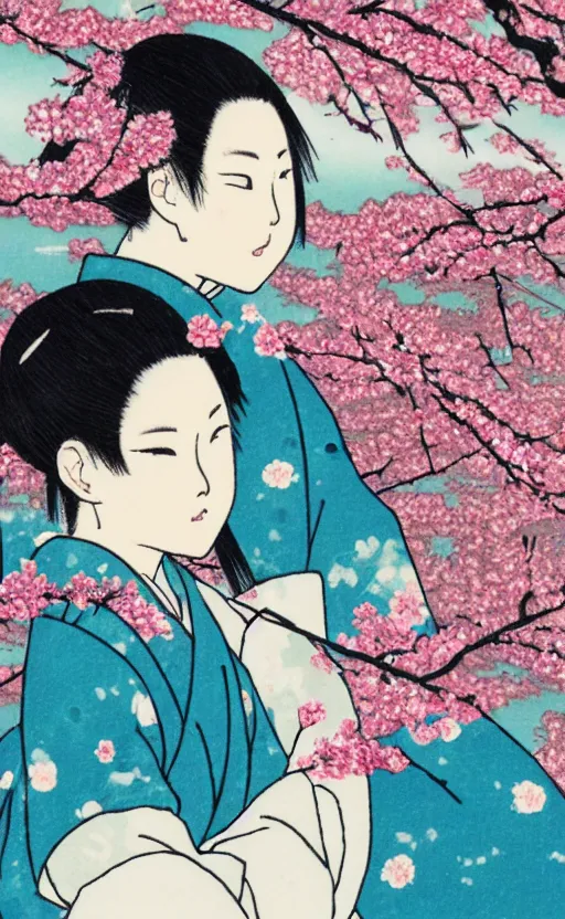 Image similar to by akio watanabe, manga art, blossoming sakura petals and white sky, trading card front, kimono, sun in the background