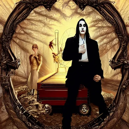 Image similar to clear portrait of marilyn manson holding a coffin, golden hour background, cottagecore!!, hyper detailed, character concept, full body, dynamic pose, intricate, elegant, highly detailed, digital painting, artstation, concept art, smooth, sharp focus, illustration, art by artgerm and greg rutkowski and alphonse mucha