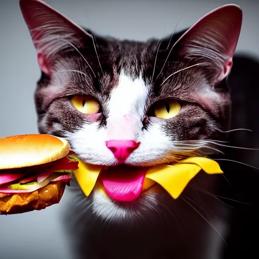 Prompt: photo of a pink cat, biting a hamburger, munching on a hamburger, eating a hamburger, pink cat