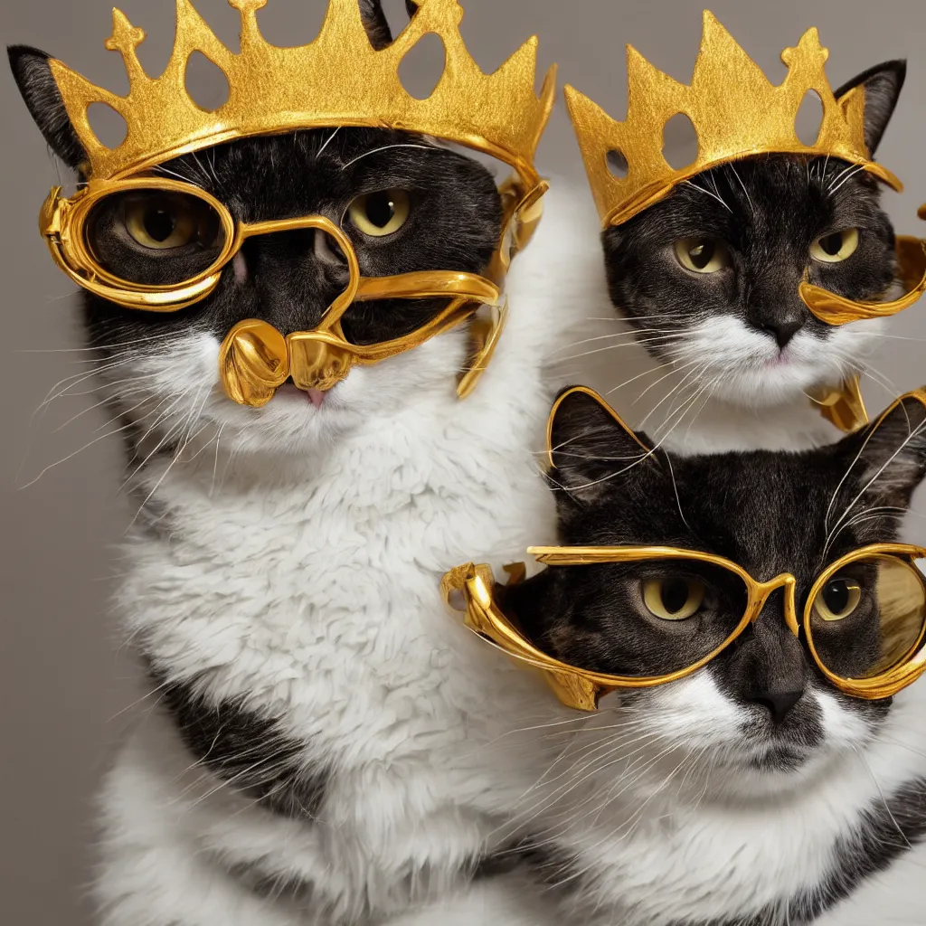 Prompt: a cat wearing an elegant golden crown and black goggles