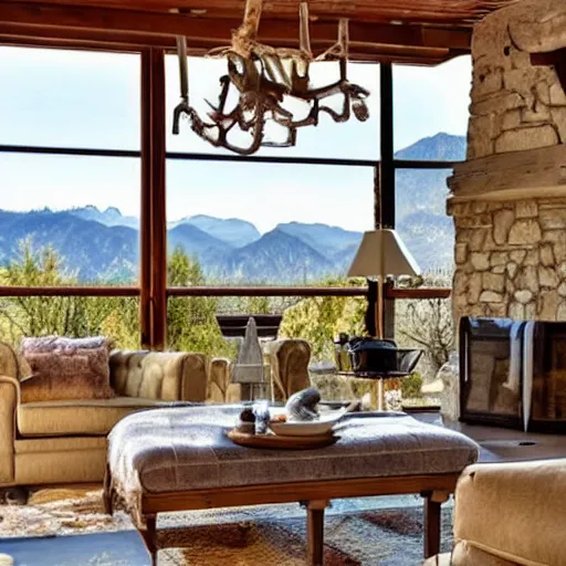 Prompt: cute coffee table overlooking blurred out rustic country mountains in the background and sunny sky