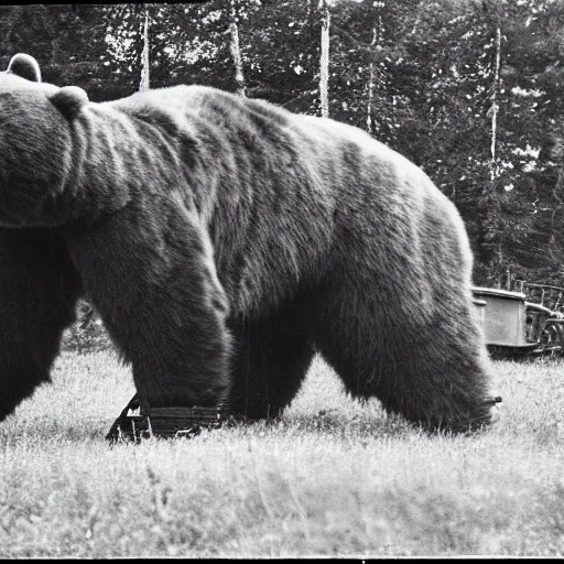 Prompt: a picture of a giant bear pulling a big canon behind him. the canon is harnessed to the bear and towed, ww 2, historical picture, eastern front