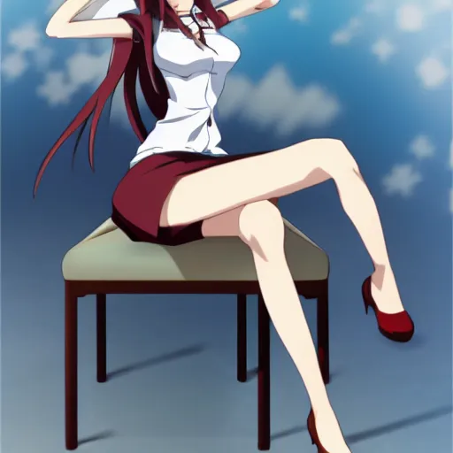 Prompt: Makise Kurisu sitting on a chair, anime style