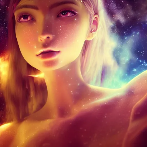 Image similar to galaxy, character, 3 d godess, cloud, volumetric, dreamy, nebula background, portrait, close up, octane render, 3 ds max + vray, cinematic, super fine detailed, detailing