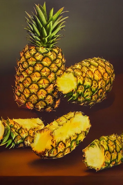 Prompt: A beautiful still life oil painting of pineapples lying on a silk cloth, fog, volumetric lighting, summer, hyperrealistic, colorful, hyperdetailed.