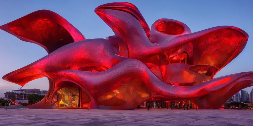 Image similar to extremely detailed ornate stunning sophisticated beautiful elegant futuristic museum exterior by Zaha Hadid, stunning volumetric light, stainless steal, concrete, translucent crimson red material, beautiful sunset, tail lights